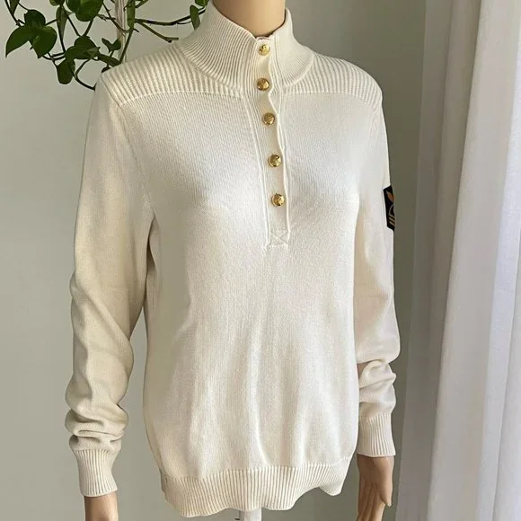Ralph Lauren Lauren Jeans Co Cream & Navy Military Patch Pullover Sweater Large - Picture 2 of 11